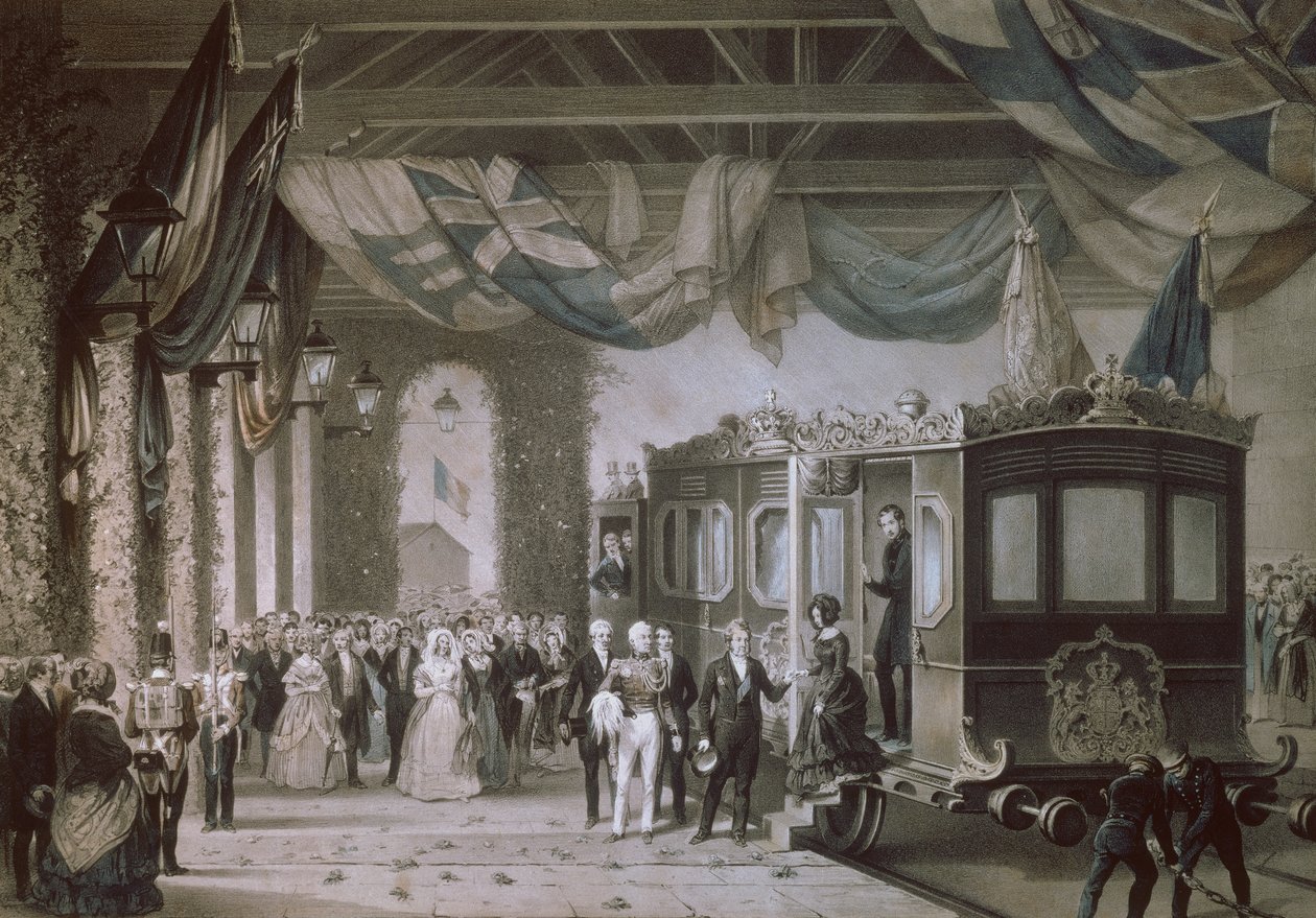 Viktória királynő (1819-1901) és Albert herceg (1819-61) megérkezik a hampshire-i Gosport állomásra, Bayot és Cuvilier metszet, 1846 alkotó: Edouard Pingret