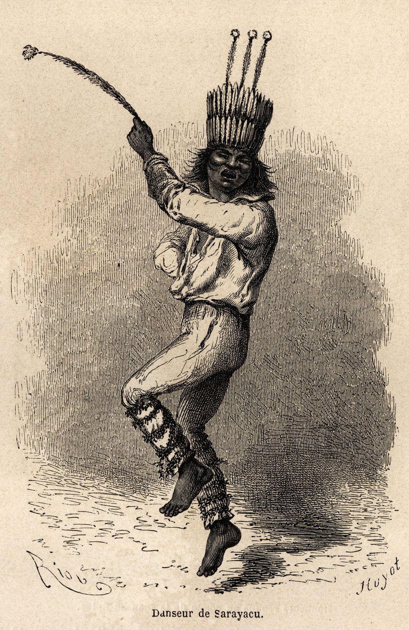 Egy táncos Sarayacuban (Peru), Riou rajza, Paul Marcoy 1848-tól 1860-ig tartó utazásának illusztrálására a Csendes-óceántól az Atlanti-óceánig. Metszet a „Le tour du monde” című könyvben, szerkesztette Edouard Charton alkotó: Edouard Riou