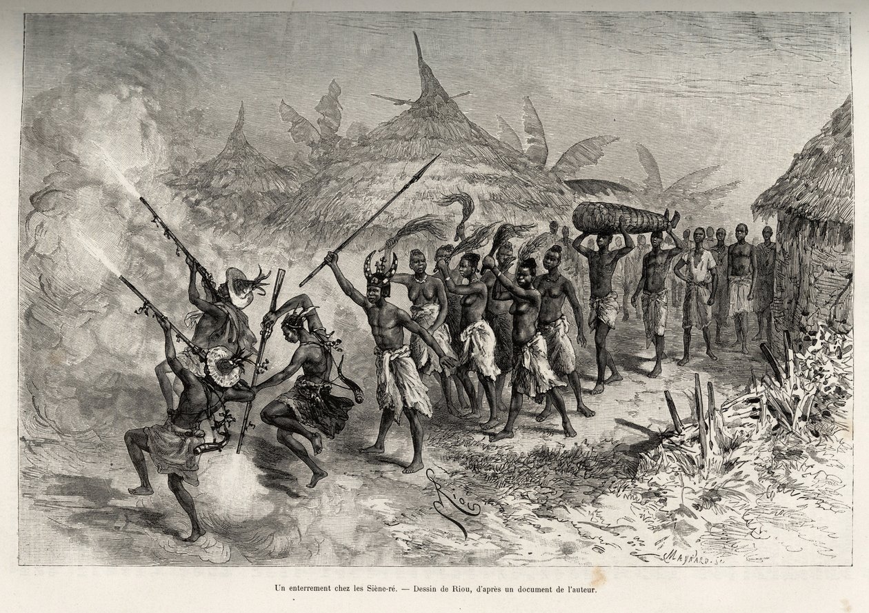 Temetés a Siene-re-ben (Siene Re), Fourouban (Mali), a funebre cortége átszeli a falut, az elhunyt családjának fegyveres férfiai vezetésével, követik a tehénfarkú nőket és az elhunyt holttestét, megkötözve. egy szőnyeg. Riou metszete, illusztr alkotó: Edouard Riou