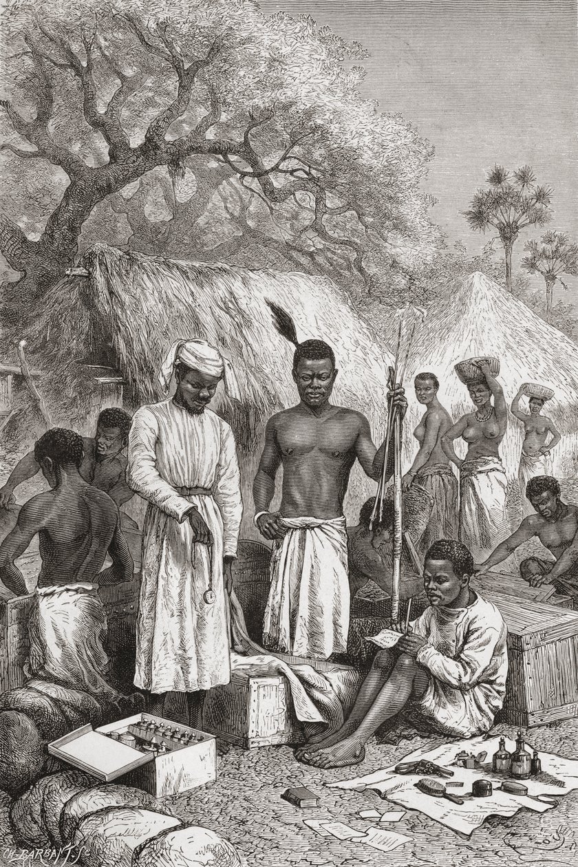 Abdullah Souzi, Jacob Wainright és James Chouma, Dr. David Livingstone három szolgája, holmijait mérlegelve 1873-ban bekövetkezett halála után, illusztráció a "The World in the Hands"-ből, Charles Barbant metszete alkotó: Edouard Riou