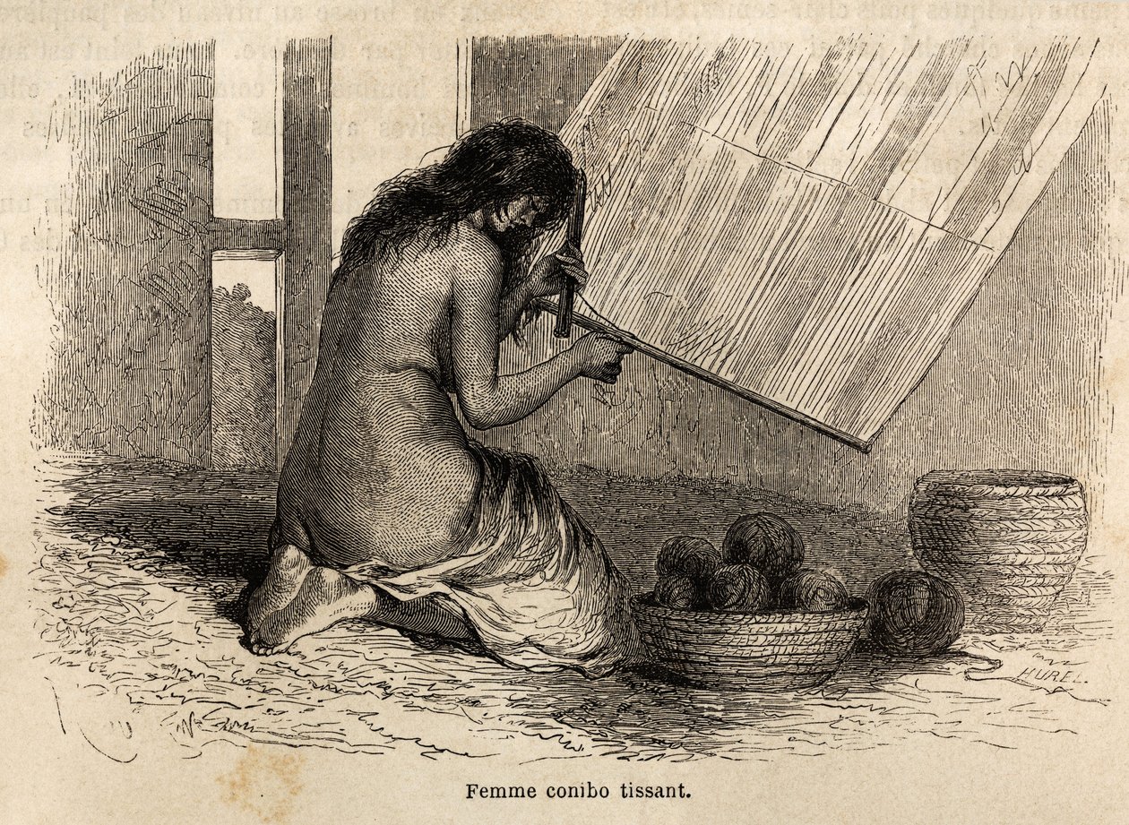 Egy indiai conibo Peruból, Riou rajza P. Marcoy 1848-tól 1860-ig tartó utazásának illusztrálására a Csendes-óceántól az Atlanti-óceánig. Gravírozás a „Le tour du monde”-ban, szerkesztette Edouard Charton alkotó: Edouard Riou