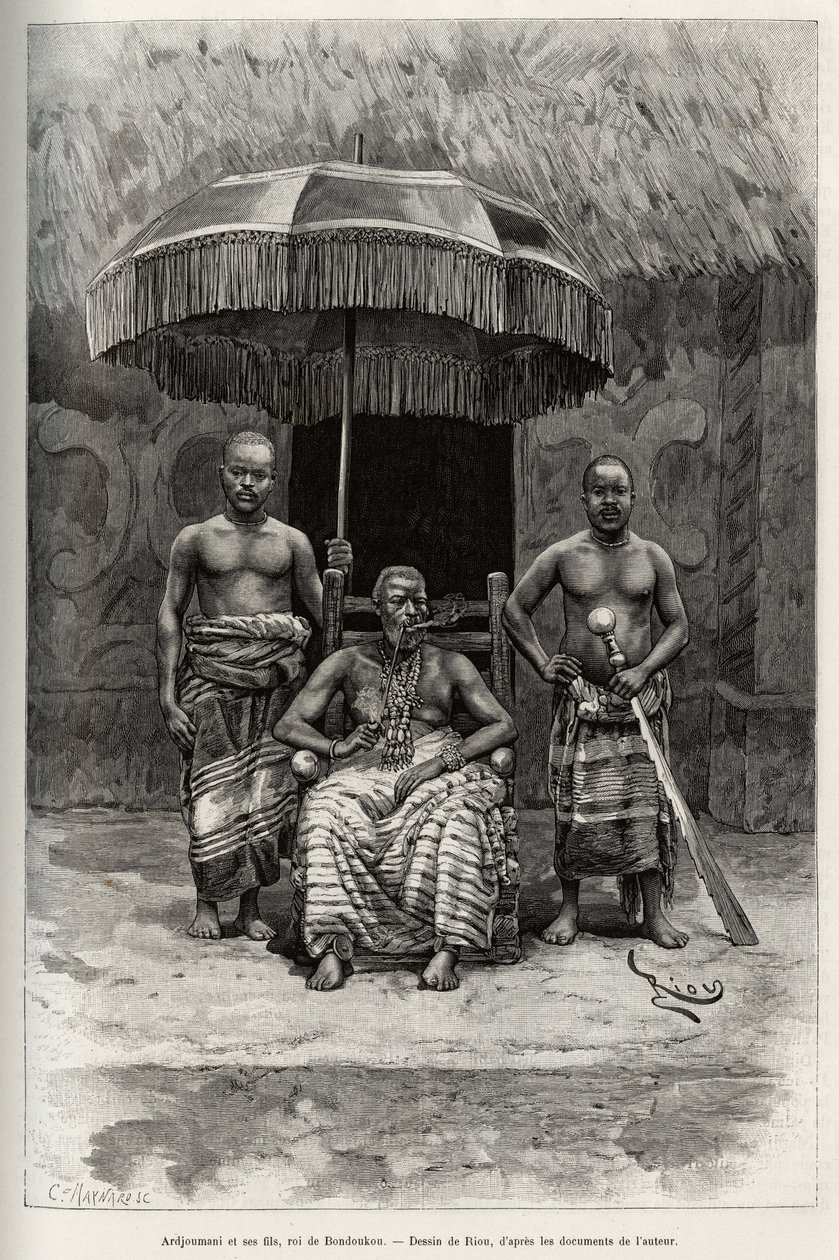 Ardjoumani (meghalt 1892-ben) és fiai, Bondoukou (Elefántcsontpart) királya. Riou metszete Louis Gustave Binger kapitány (1856-1936) „"Nigertől a Guineai-öbölig" című történetének illusztrálására, 1887-1889-ben a Le tour du monde-ban, a des voyag új folyói alkotó: Edouard Riou