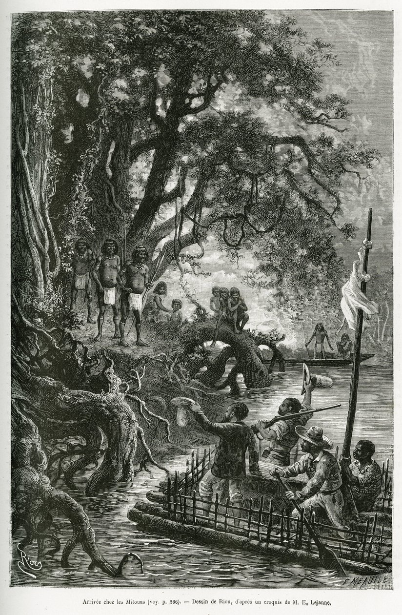 Dr. Crevaux és E. Lejeanne tutajának megérkezése Mitouas faluval határos partokra. Riou metszete az Új-Granada és Venezuela közötti felfedezőút illusztrálására, Doctor Crevaux, a haditengerészet első osztályú orvosa és E.Leje alkotó: Edouard Riou