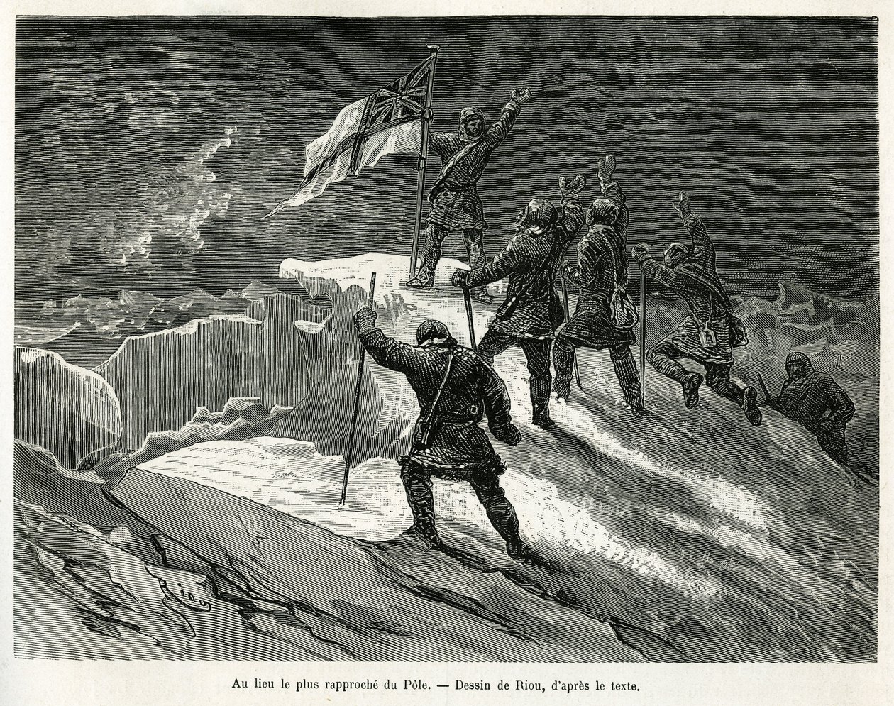George Strong Nares kapitány (1831-1915) kitűzte a brit zászlót a rúdhoz legközelebb eső helyre, Riou rajzával, hogy illusztrálja G.S.Nares kapitány 1875-1876-os sarki tengeri utazásának történetét. Gravírozás a Le tour du monde-ban alkotó: Edouard Riou