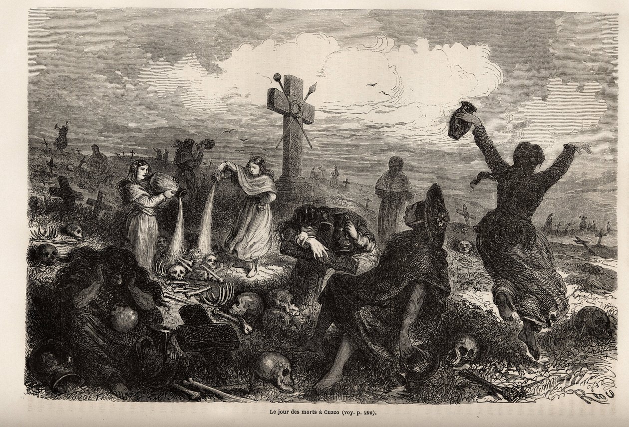 A halottak ünnepének megünneplése Cuzcóban, Riou rajza, Paul Marcoy 1848-tól 1860-ig tartó dél-amerikai utazásának illusztrálására. Metszet a „Le tour du monde”-ban, szerkesztette Edouard Charton alkotó: Edouard Riou
