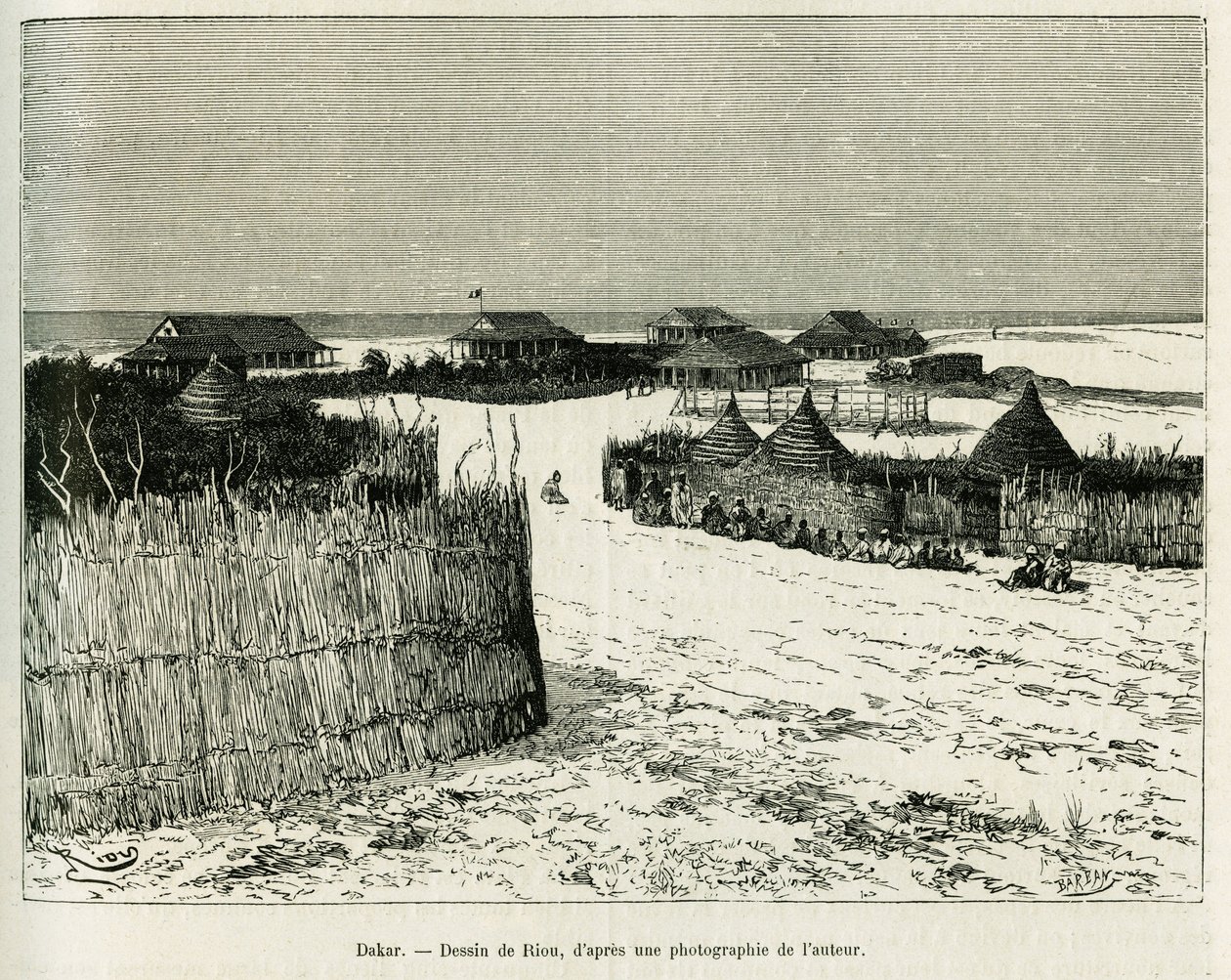 Dakar. Riou metszete a Voyage a la Plata című történet illusztrálására, Emile Blaireaux három hónapos vakációja 1886-ban, a tour du monde 1887-ben, Edouard Charton (1807-1890) irányítása alatt, Hachette, Párizs. alkotó: Edouard Riou