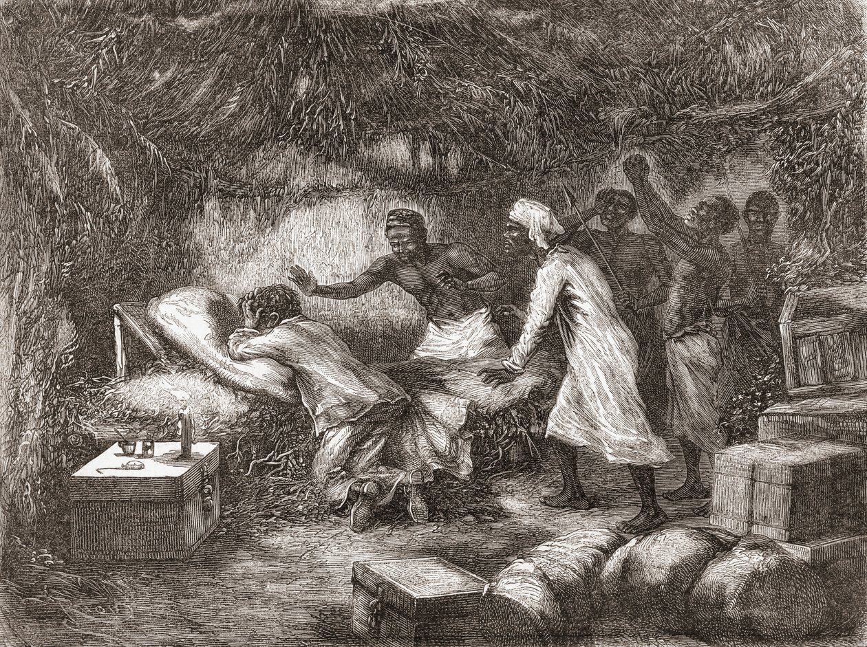 Dr. Livingstone halála Tchitammbo faluban, Afrikában, 1873-ban, illusztráció a "The World in the Hands", 1878-ban megjelent alkotó: Edouard Riou