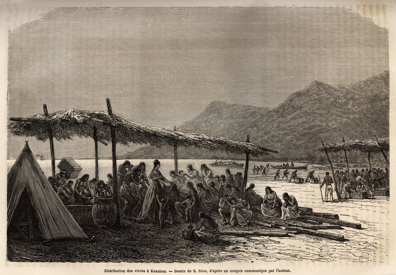 Élelmiszerosztás Keauhouban az 1868-as földrengés és vulkánkitörés után a katasztrófa áldozatainak, metszet E.Riou rajza után, amely az 1855-1869-es Sandwich-szigeteki utazást illusztrálja, C. de Varigny megjelent a „” Le alkotó: Edouard Riou