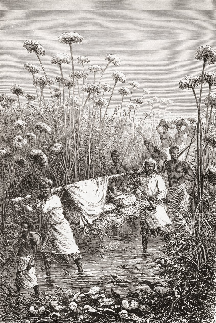 Dr. David Livingstone-t az utolsó néhány mérföldön az afrikai Tchitammbo faluba vitték, röviddel halála előtt, illusztráció a "The World in the Hands"-ből, metszett Henri Theophile Hildibrand alkotó: Edouard Riou