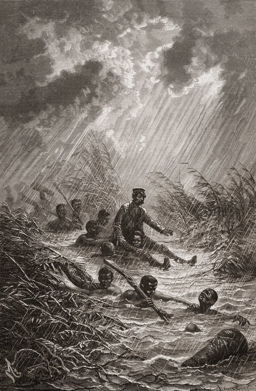 Dr. David Livingstone-t hordárok vitték át a mocsáron 1872-es afrikai expedíciója során. Illusztráció a "The World in the Hands"-ből, Charles Laplante metszetében alkotó: Edouard Riou