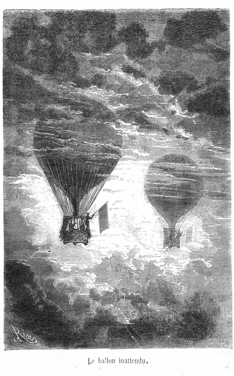 Rajz Jules Verne „Five week en Ballon” Hetzel/Extraordinary Travels című gyűjteményének rajza. A Victoria Balloon találkozik egy másik léggömbbel a felhőkben alkotó: Edouard Riou