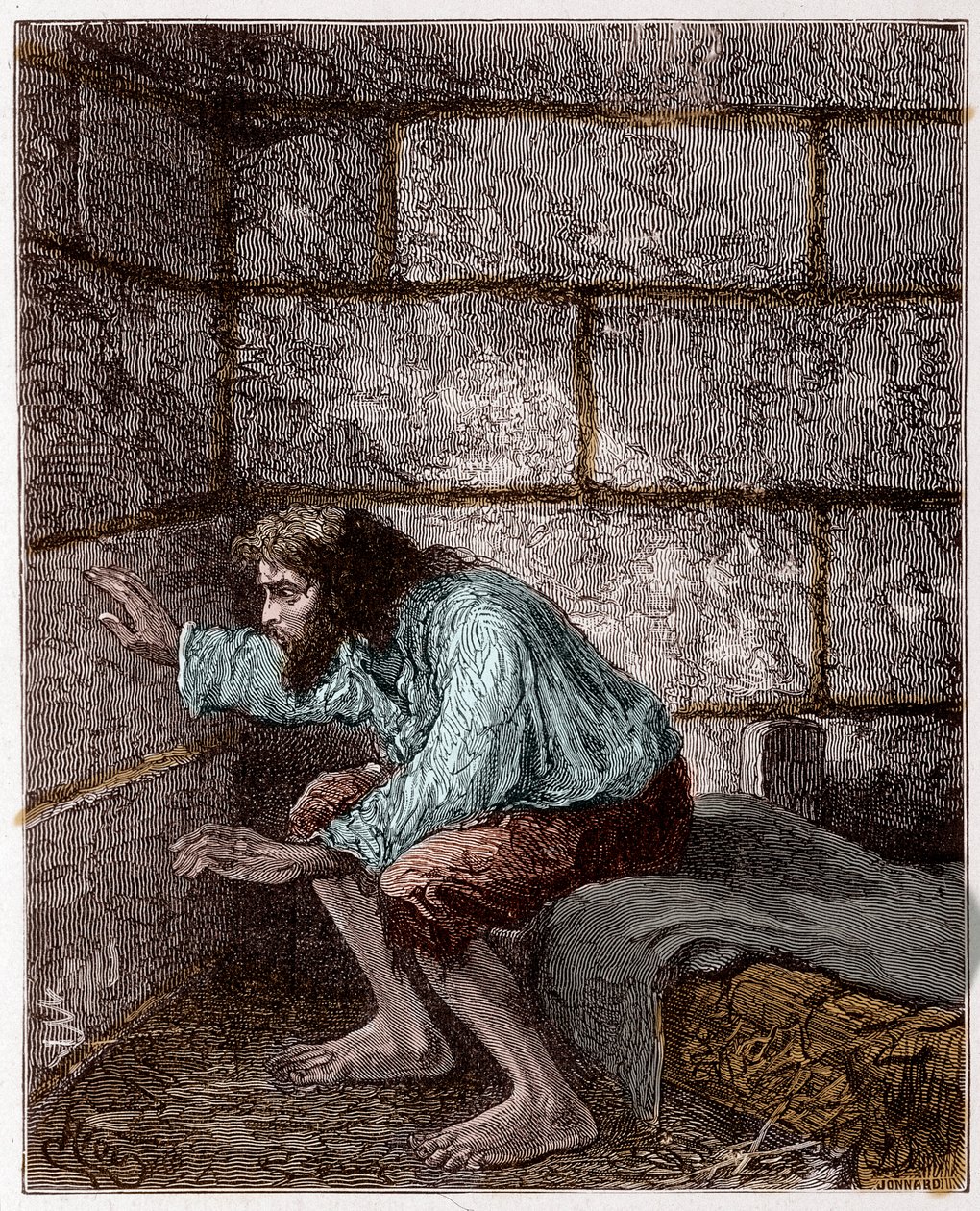 Edmond Dantes, más néven Monte Cristo (Monte Cristo) grófja a börtönében - Riou metszete, Alexandre Dumas „Monte-Cristo grófja” című művében alkotó: Edouard Riou