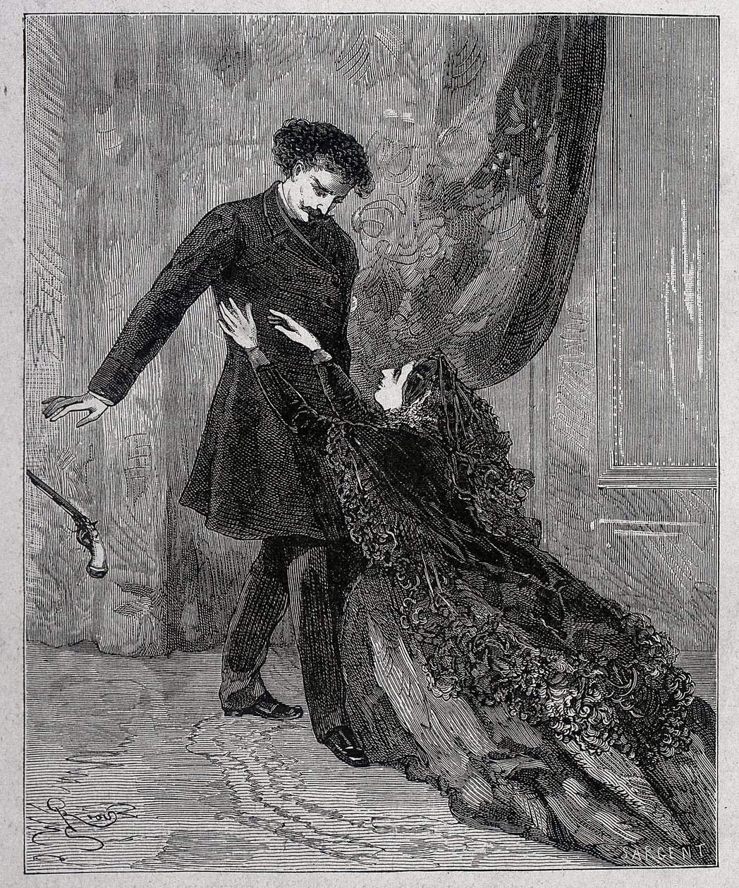 Edmond Dantes és Mercedes – Riou metszete, Alexandre Dumas pere (1802-1870) „” Monte Cristo grófja” című művében (Monte-Cristo), szerk. Jules Rouff & Cie alkotó: Edouard Riou