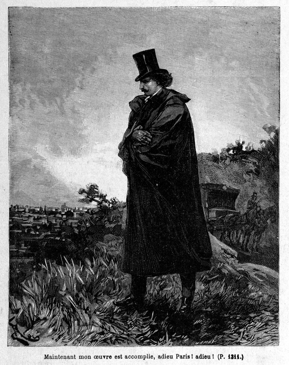 Edmond Dantes, Monte-Cristo grófja elhagyja Párizst – Riou metszete, Alexandre Dumas „La Comte de Monte-Cristo” című művében, Rouff & Cie alkotó: Edouard Riou