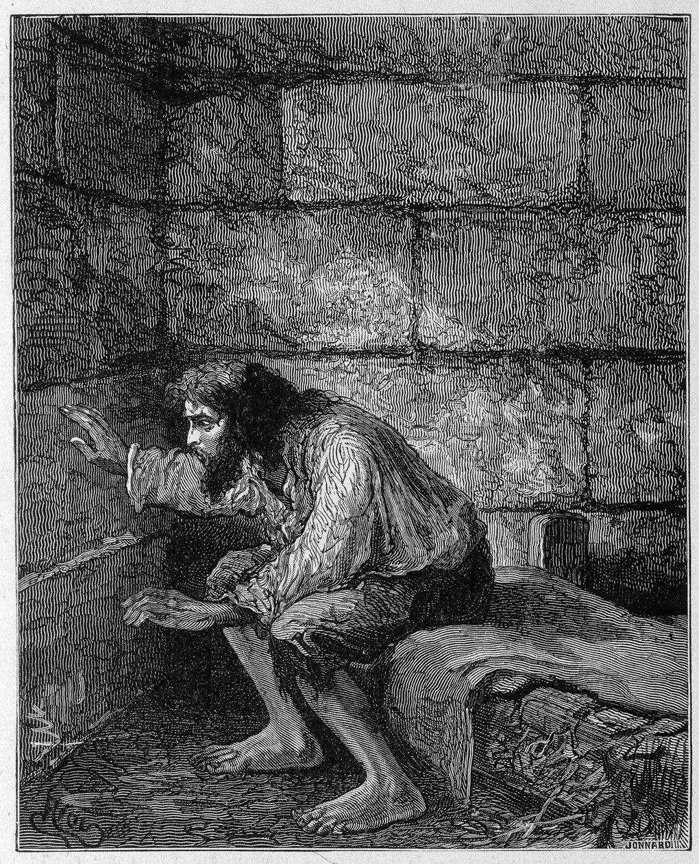 Edmond Dantes, Monte Cristo (Monte Cristo) grófja a börtönében - Riou metszet, Alexandre Dumas „La Comte de Monte-Cristo” című művében, Rouff & Cie alkotó: Edouard Riou