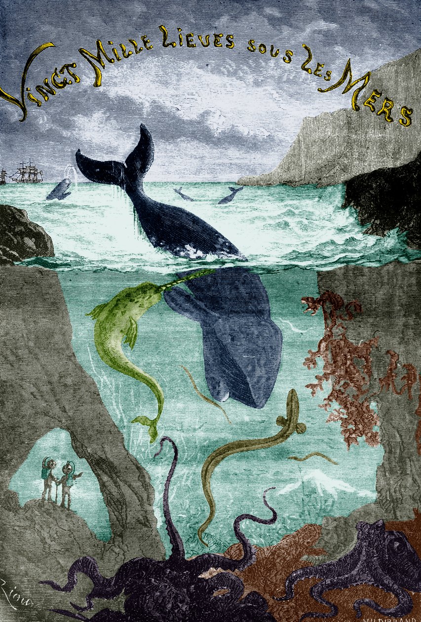 Jules Verne: 20 000 mérföld a tenger alatt (1870) című regényének címlapképe, metszet, színezett dokumentum. alkotó: Edouard Riou