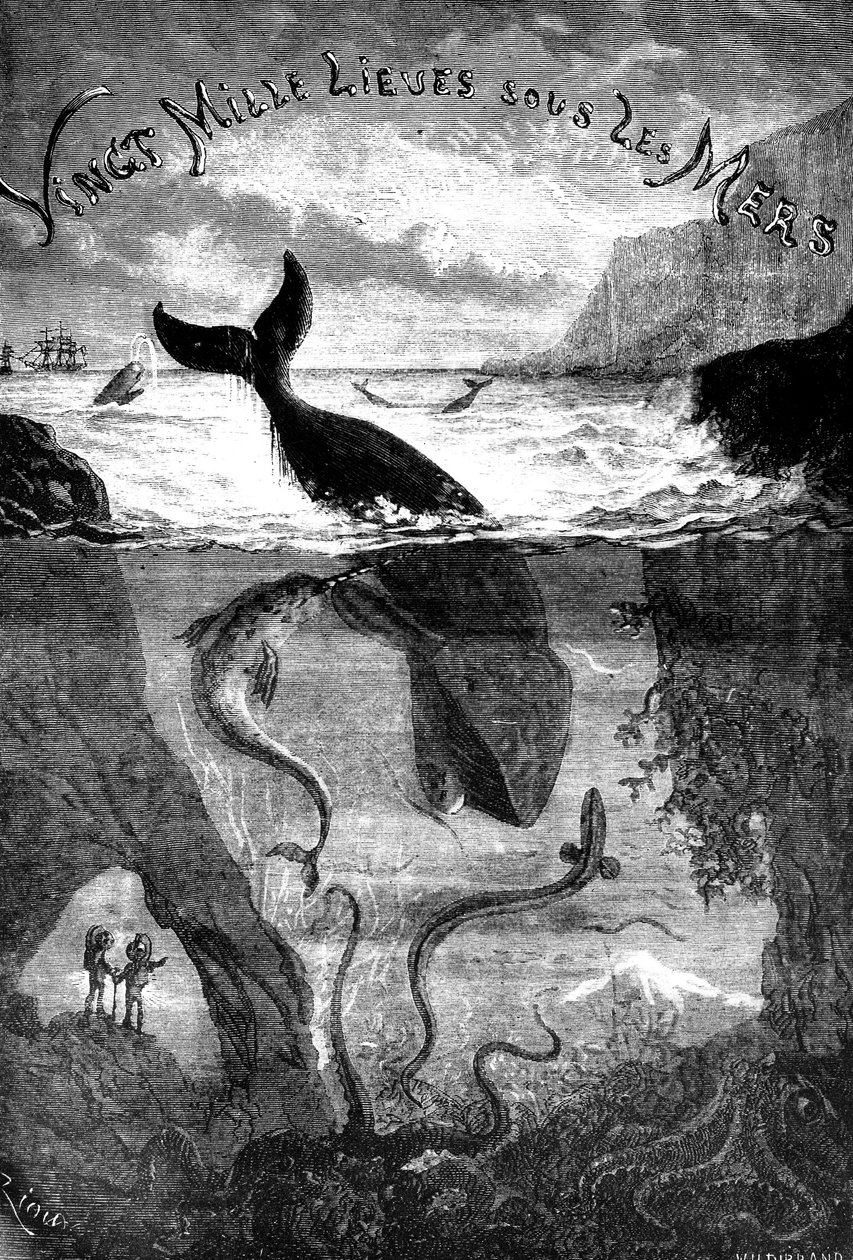 Jules Verne 20 000 mérföld a tenger alatt című regényének címlapképe alkotó: Edouard Riou