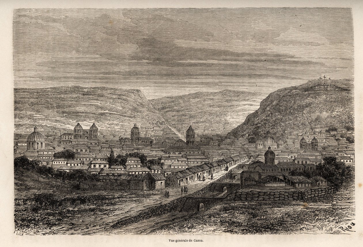 Cusco vagy Cusco, az inkák egykori fővárosa, általános képe, Riou rajza, Paul Marcoy 1848-tól 1860-ig tartó dél-amerikai utazásának illusztrálására. Metszet a „Le tour du monde”-ban, szerkesztette Edouard Charton alkotó: Edouard Riou