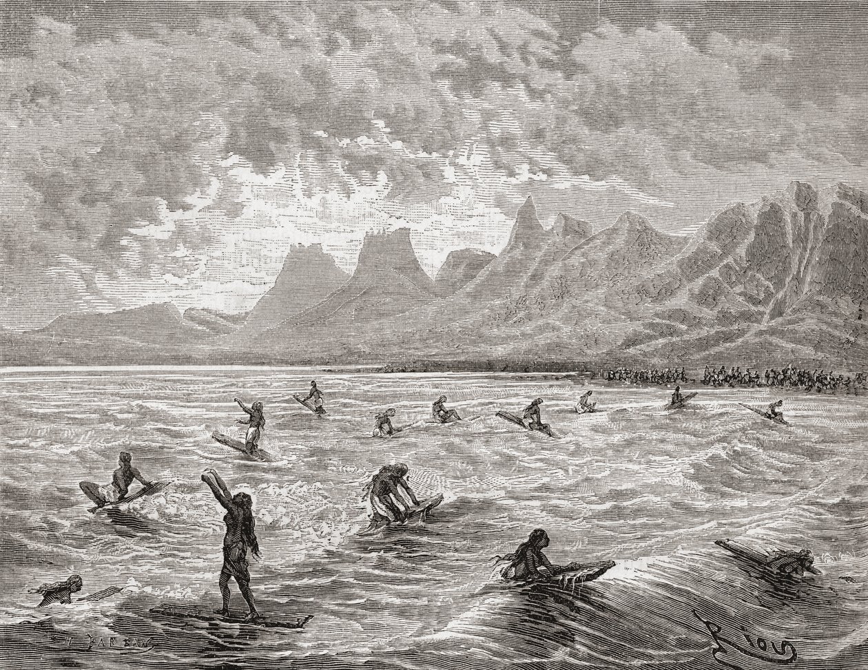 Hawaii szörfözés, illusztráció a „The World in the Hands”-ből, Charles Barbant (megh. 1922) metszete, 1878-ban megjelent (metszet) alkotó: Edouard Riou