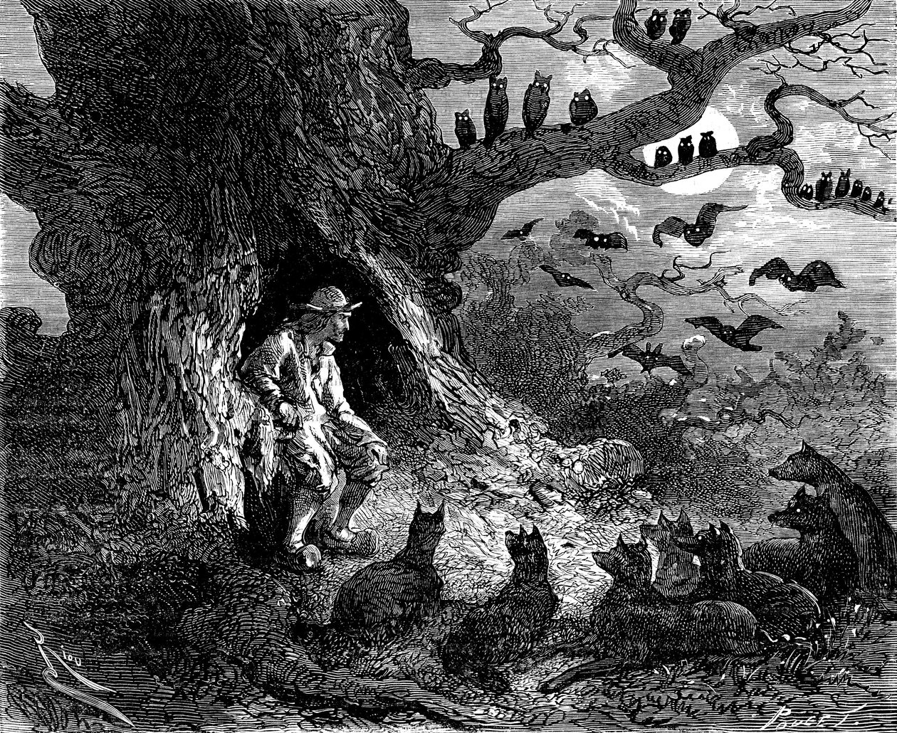 Illusztráció Alexandre Dumas „Le leader de loups” című regényéhez: Thibault egy pokoli kör középpontjának tűnt, XIX. alkotó: Edouard Riou