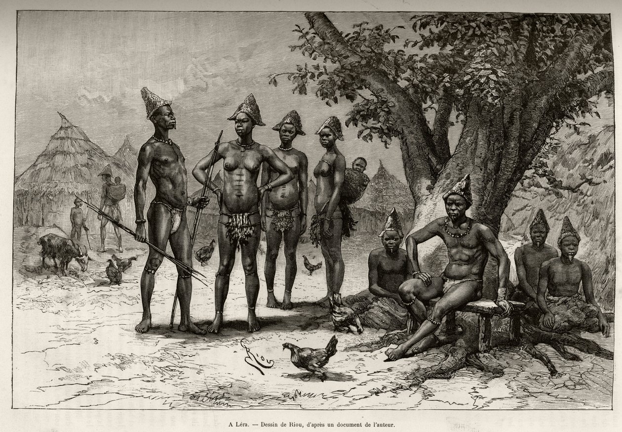 Lerában (vagy Derában, Nigerben) a Mandes típusai. Riou metszete Louis Gustave Binger kapitány (1856-1936) „"Nigertől a Guineai-öbölig" című történetének illusztrálására, 1887-1889-ben a Le tour du monde-ban, az új folyóiratban des voyages, irányítása alat alkotó: Edouard Riou