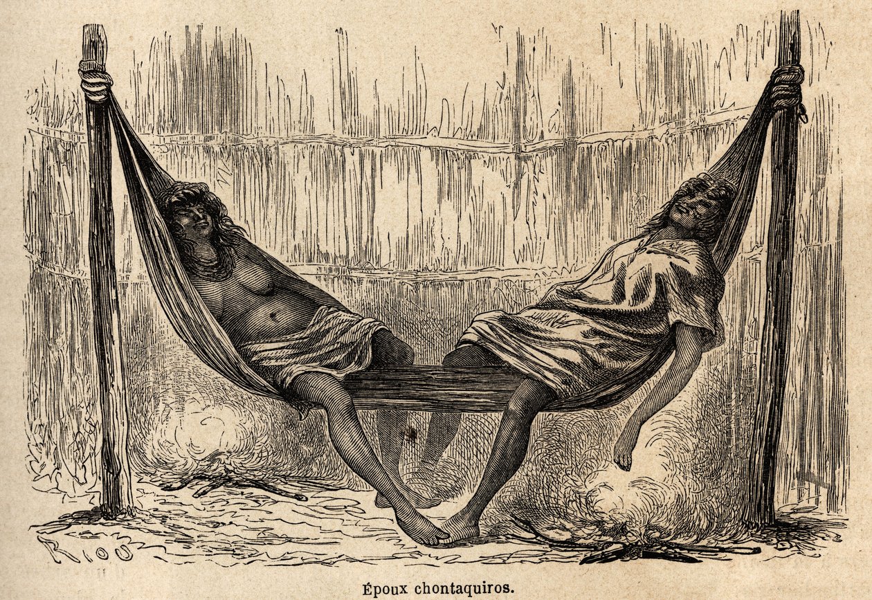 Az indiai férjek, a perui Chontaquiros menyasszonyi függőágyukban alszanak, Riou rajza P. Marcoy 1848-tól 1860-ig tartó utazásának illusztrálására a Csendes-óceántól az Atlanti-óceánig. Gravírozás a „Le tour du monde”-ban, szerkesztette Edouard Charton alkotó: Edouard Riou
