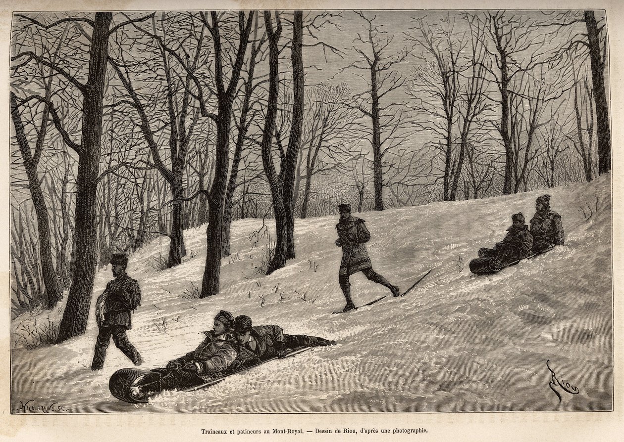 Luges et skaters au platau du Mont-Royal, Montreal közelében, metszet Riou rajza után, amely a kanadai és a Riviere Rouge du nord kirándulást illusztrálja, H. De Lamotte 1873-ban, megjelent a „Le tour du monde”-ban. ”” 1875, szerkesztette Edouard Charton, alkotó: Edouard Riou