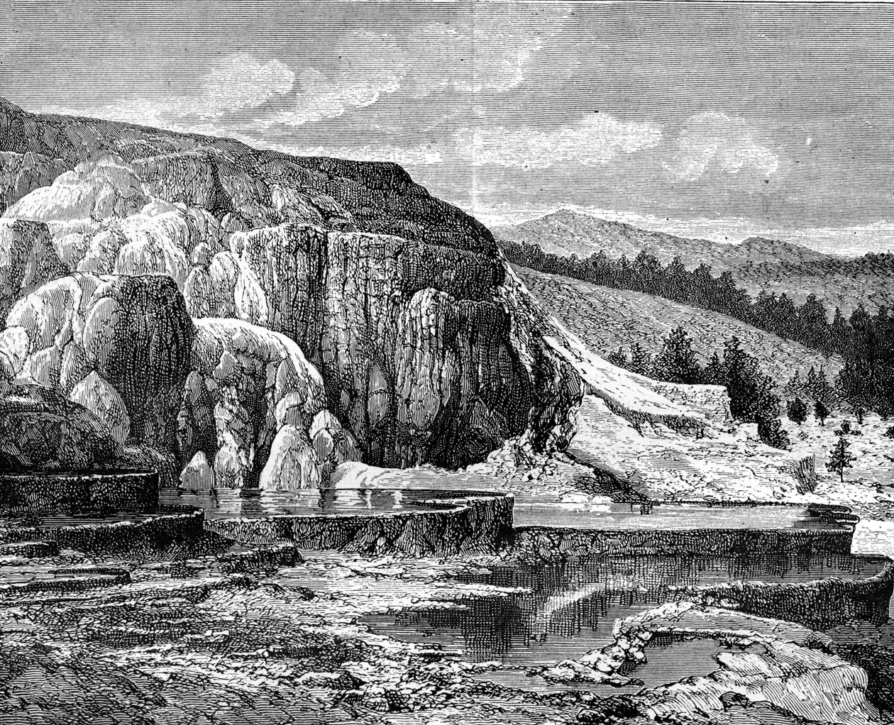 Mammoth Hot Springs, Yellowstone Nemzeti Park, USA, 19. század. alkotó: Edouard Riou