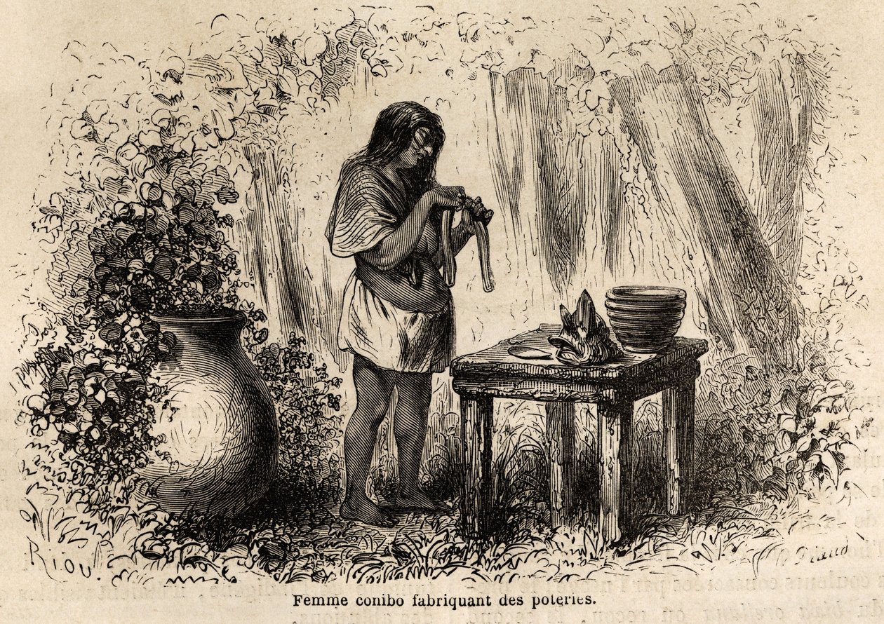 Egy perui conibo indián kerámia gyártása, Riou rajza P. Marcoy 1848-tól 1860-ig tartó utazásának illusztrálására a Csendes-óceántól az Atlanti-óceánig. Gravírozás a „Le tour du monde”-ban, szerkesztette Edouard Charton alkotó: Edouard Riou