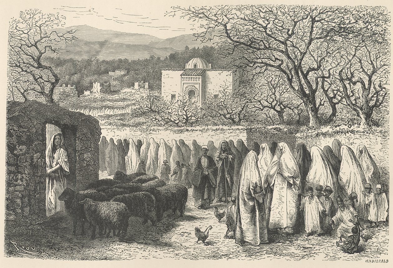 Marabout és körmenet: Tlemcen, metszet: Henri Theophile Hildibrand (1824-97) alkotó: Edouard Riou