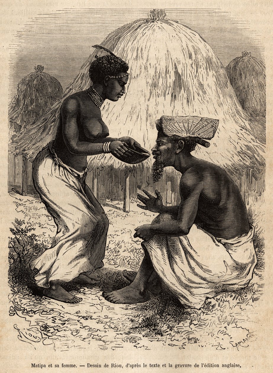 Matipát, egy bennszülött embert, aki kenukkal látta el Livingstone csapatát, felesége italozással szolgálta fel Riou rajza alapján, amely David Livingstone utolsó naplóját (1813-1873) illusztrálja, 1866-1873-ban, és megjelent a „” Le tour du monde” ”” 1875 alkotó: Edouard Riou