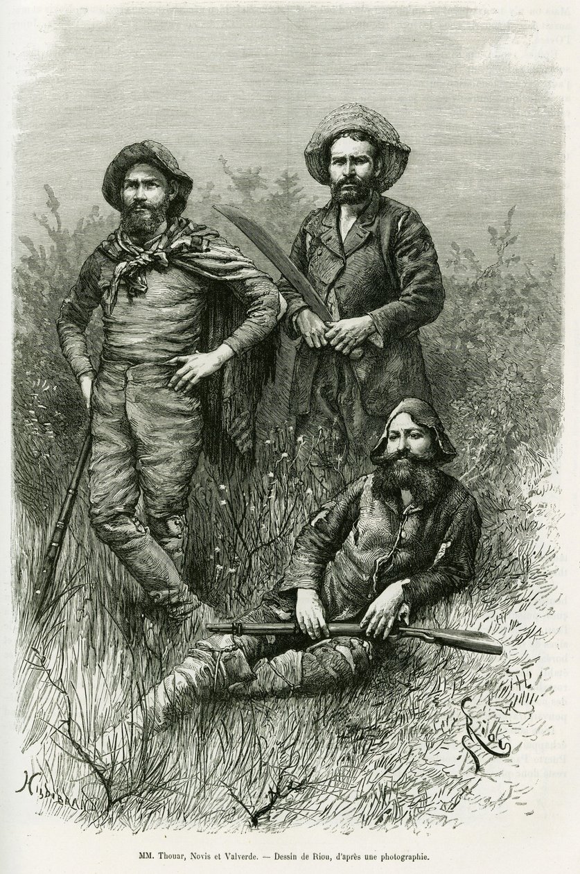 Az expedíció tagjai: Thouar úr (hosszabbítás), Novis úr (balra áll) és Valverde úr (jobbra áll). Riou metszete a Voyage dans le Chaco Boreal című történet illusztrálására alkotó: Edouard Riou