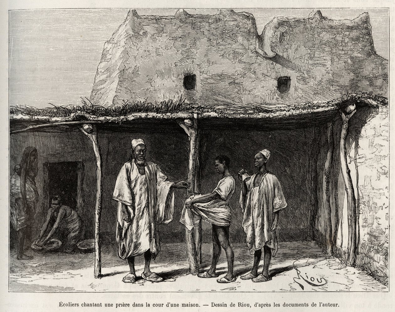 A kong (Niger) országban gyakorolt muszlim iskolások egy ház udvarán imát énekelnek, az iskolások egy marék caurist kapnak, amit átadnak tanáruknak, és ami egyfajta közoktatási adónak felel meg. alkotó: Edouard Riou
