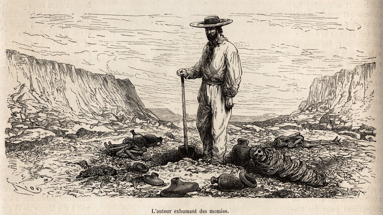 Paul Marcoy exhumant des mummies inkas (Bas Peru), E.Riou metszet, amely a hegyekben, a Huarancalqui völgyében és Pjonal régióiban tett utazást illusztrálja 1862-től 1863-ig, Paul Marcoy alkotása a „Le tour du monde”-ban. ” 1875, szerkesztette Edou alkotó: Edouard Riou