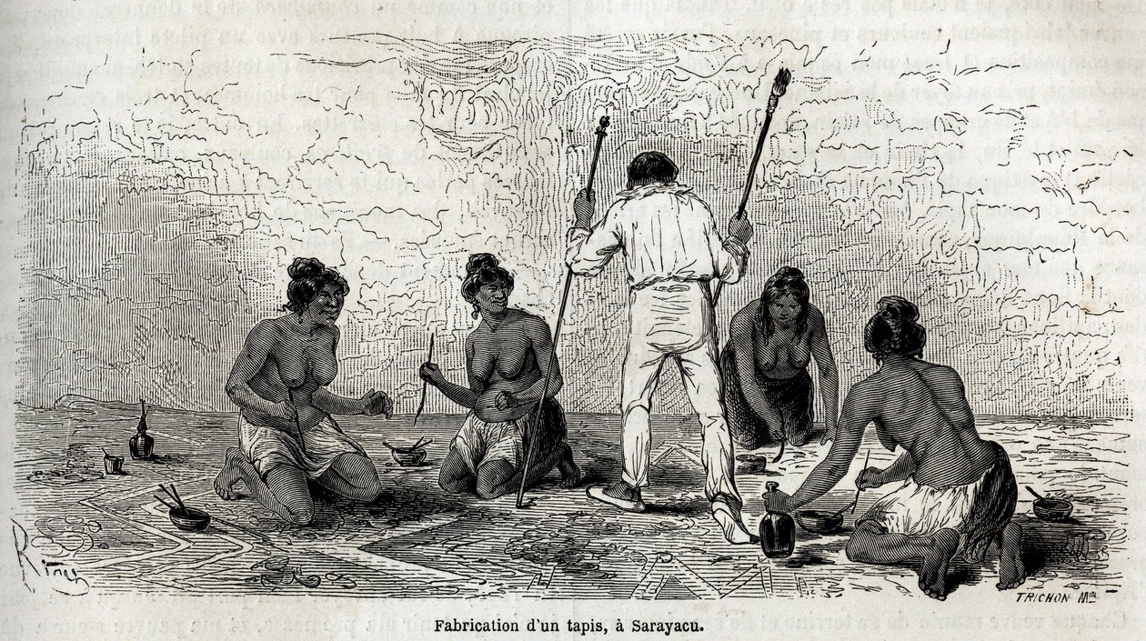 Paul Marcoy Sarayacu (Peru) özvegyeivel tanult meg szőnyeget készíteni, Riou rajza, hogy illusztrálja Paul Marcoy 1848-tól 1860-ig tartó utazását a Csendes-óceántól az Atlanti-óceánig. Metszet a „Le tour du monde”-ban, szerkesztve. írta: Edouard Charton alkotó: Edouard Riou