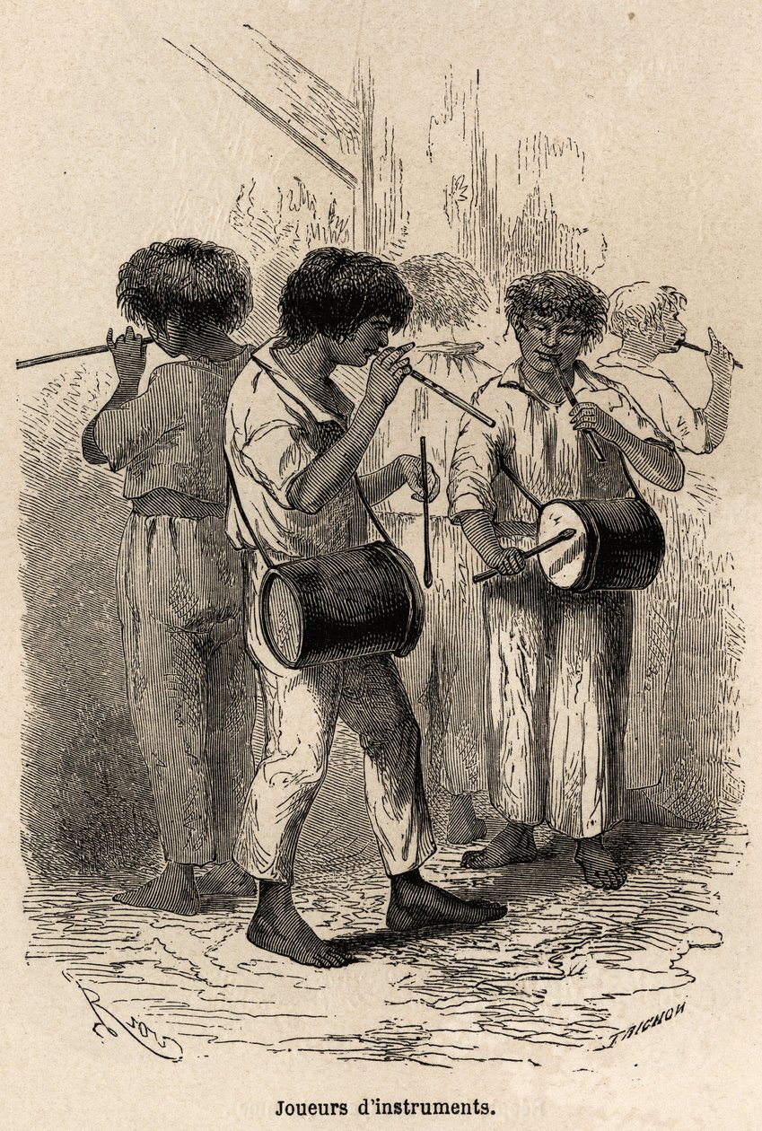 Hangszerjátékosok Sarayacuban (Peru), Riou rajza, Paul Marcoy 1848-tól 1860-ig tartó utazásának illusztrálására a Csendes-óceántól az Atlanti-óceánig. Metszet a „Le tour du monde”-ban, szerkesztette Edouard Charton alkotó: Edouard Riou