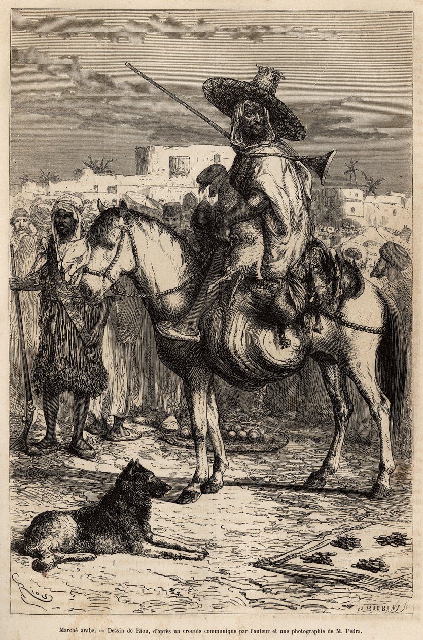Egy arab kereskedő portréja, aki áruit (bárányt, baromfit...) hozza a lován, a piacon; a termékeket kosarakban vagy szőnyegeken adják ki a földön, E. Riou rajza nyomán gravírozva, a Tlemcenbe (Algéria) való utazást illusztrálva, E. de L. alkotó: Edouard Riou