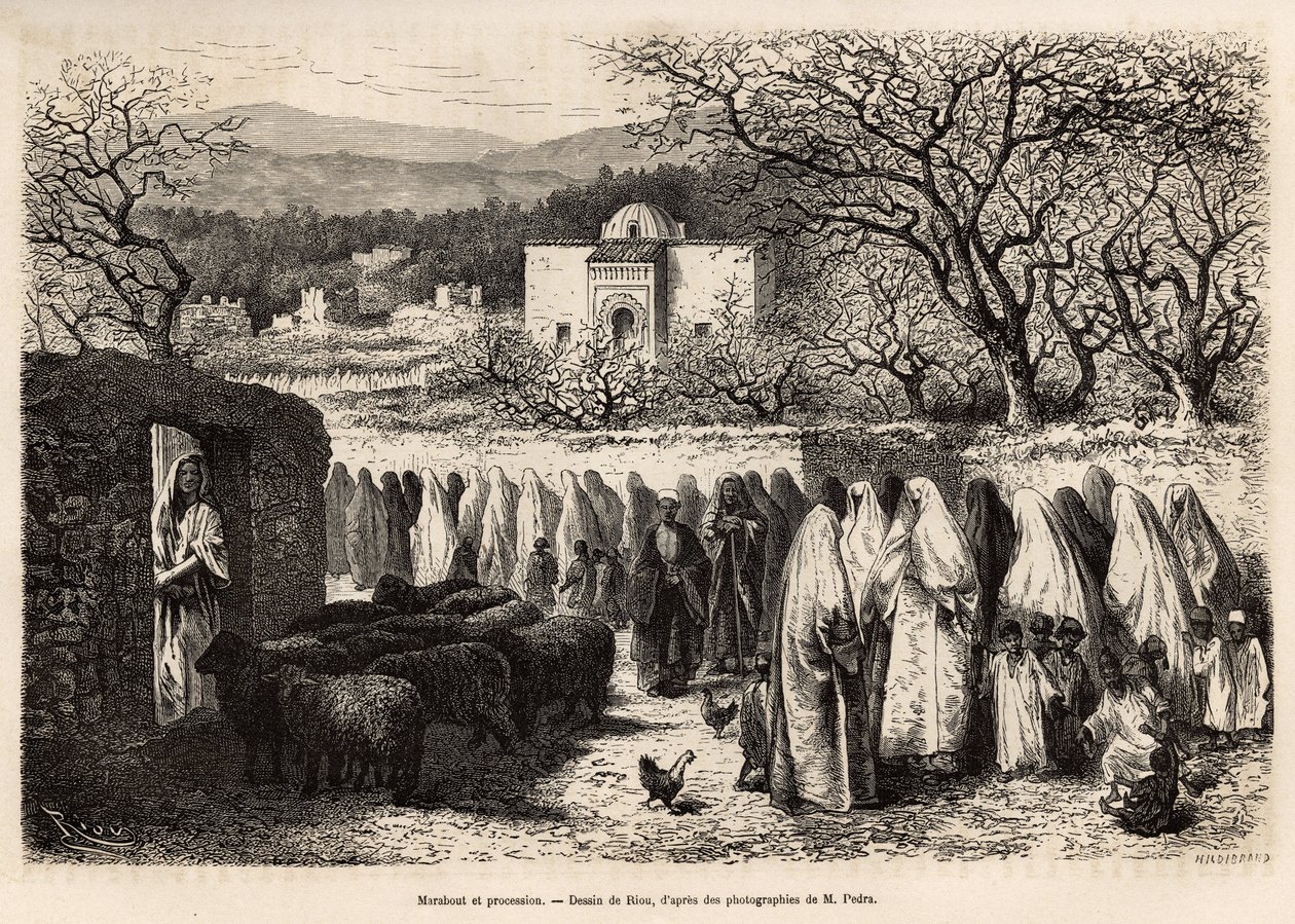 Felvonulás a Marabout de Tlemcenhez (sír egy iszlám emberének kupolájával), E. Riou rajza nyomán metszett, E. de Lorral 1875-ben, E. de Lorral tlemceni (algériai) utazását illusztrálja, megjelent a „” Le tour du monde””” 1875, szerkesztette Edouard Char alkotó: Edouard Riou