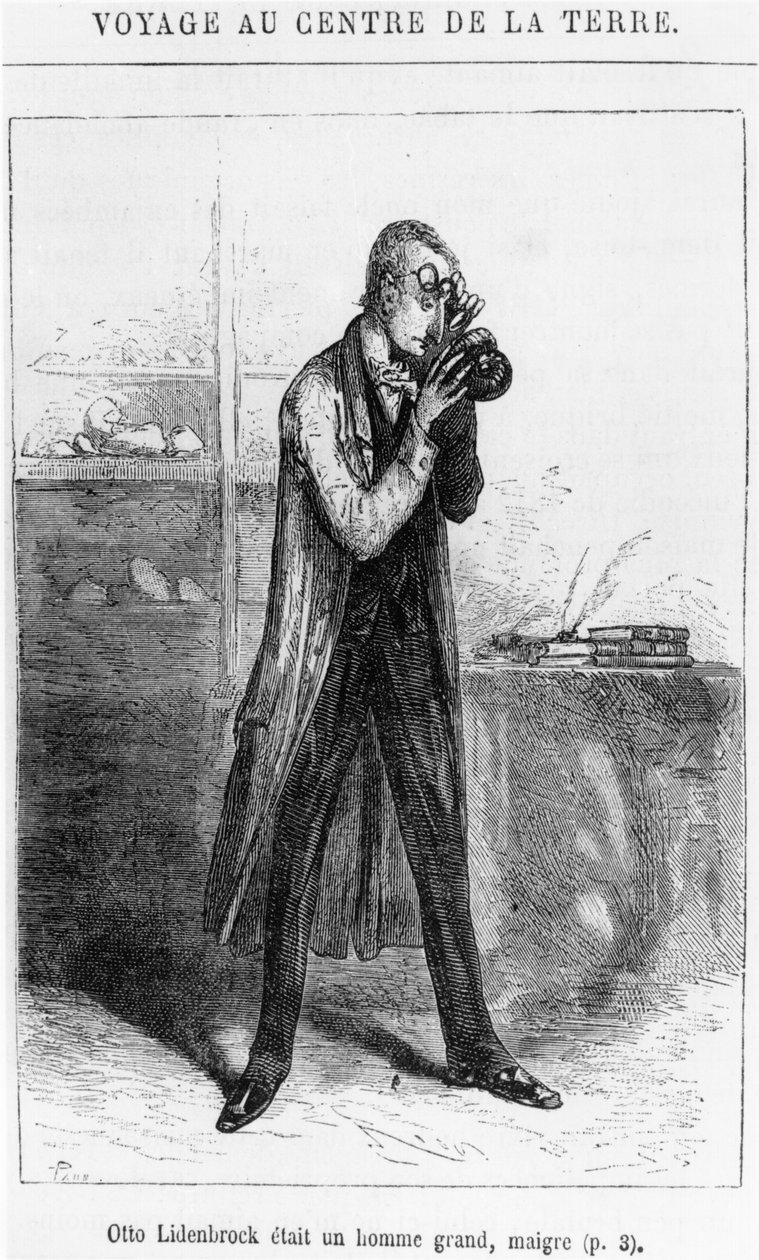 Otto Lidenbrock professzor, illusztráció Jules Verne (1828-1905) "Utazás a Föld középpontja felé" című művéhez, Párizs, Hetzel. alkotó: Edouard Riou