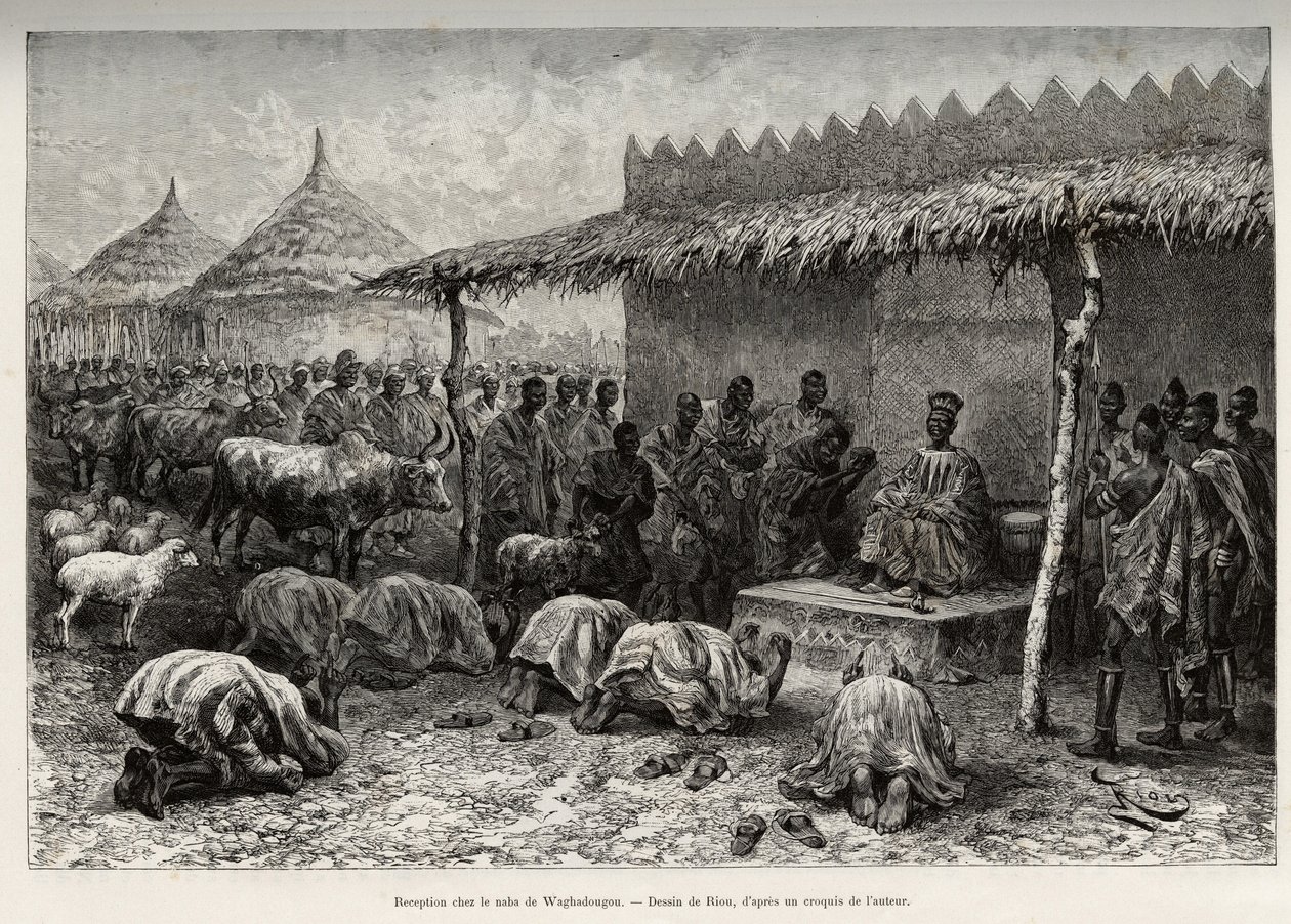 Fogadás a naba Sanemben, Waghadougou Mossi királyságából (vagy Mosse-ból) (Ouagadougou, Burkina Faso). Riou metszete Louis Gustave Binger kapitány (1856-1936) „" Nigertől a Guineai-öbölig" című történetének illusztrálására, 1887-1889-ben, Le touban alkotó: Edouard Riou