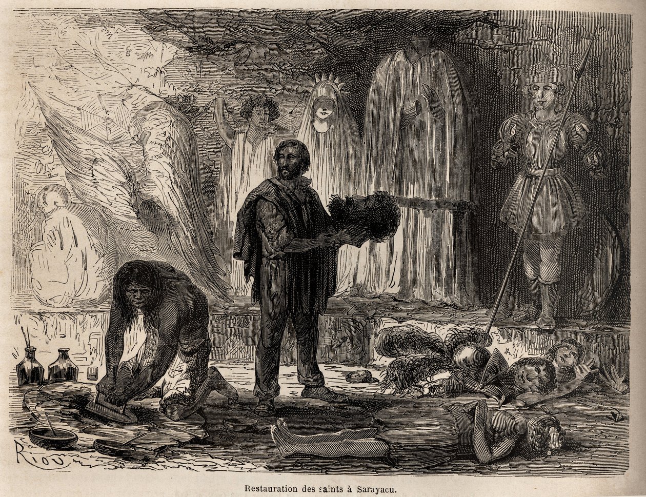 Szentek szobrainak restaurálása Sarayacuban (Peru), Riou rajza, Paul Marcoy 1848-tól 1860-ig tartó utazásának illusztrálására a Csendes-óceántól az Atlanti-óceánig. Metszet a „Le tour du monde”-ban, szerkesztette Edouard Charton alkotó: Edouard Riou