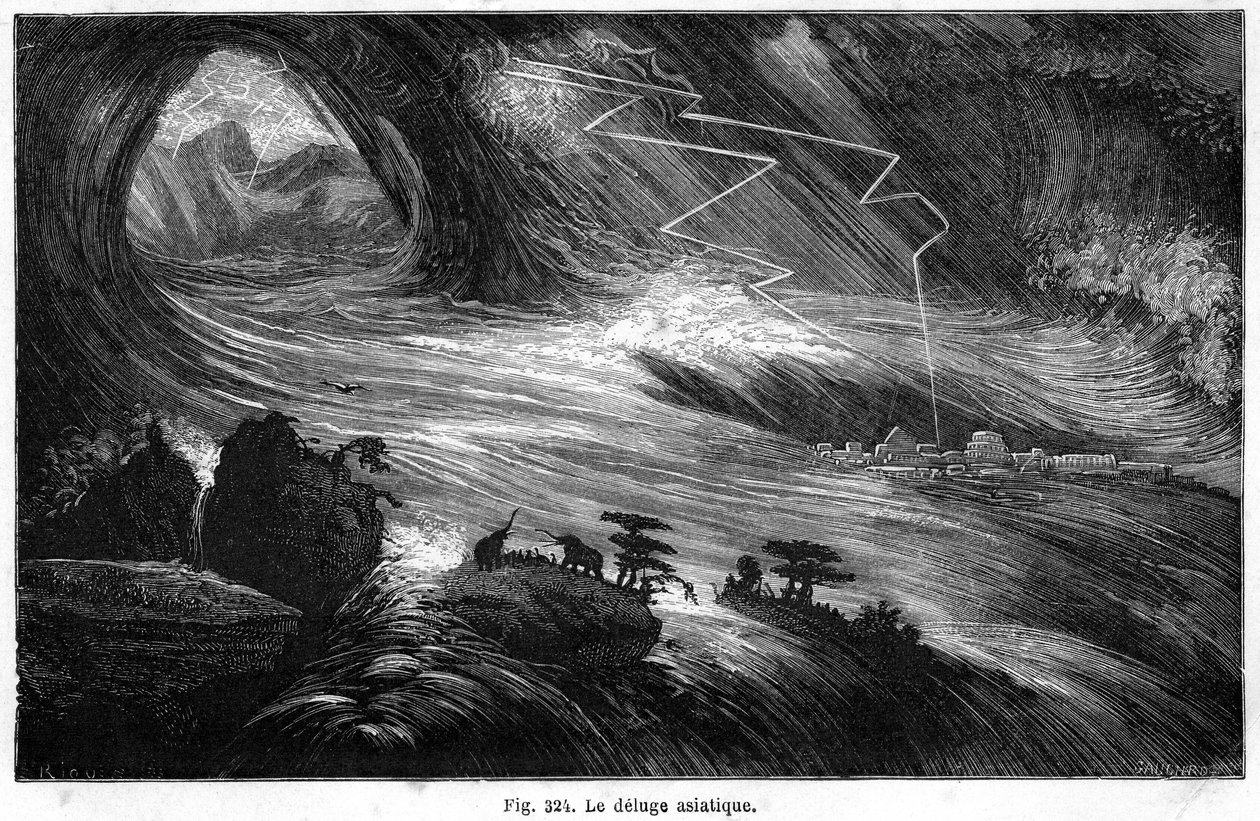 Az ázsiai vízözön: egy katasztrófa, amely a Bibliában leírt vízözönt inspirálhatta: Louis Figuier „” La Terre avant le deluge” című könyvéből, Hachette 1872-es kiadás alkotó: Edouard Riou