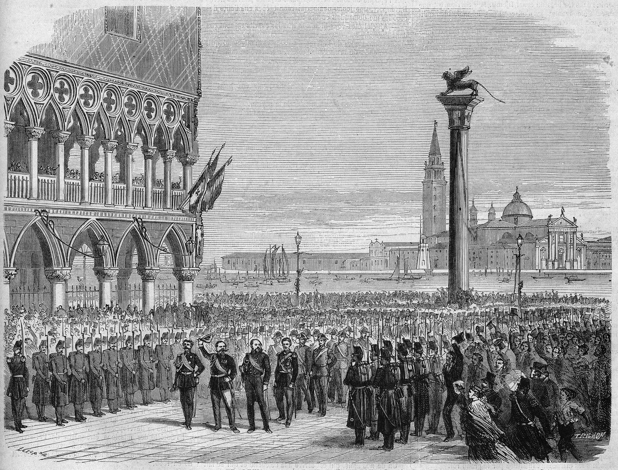 Victor Emmanuel olasz király (Victor Emmanuel) (Vittorio Emanuele) Velencében a Szent Márk téren. Az osztrákok szadowai veresége után Velence 1866-ban visszakerült az Olasz Királysághoz. Crepon és Riou rajza alapján készült metszet. Ban ben " alkotó: Edouard Riou