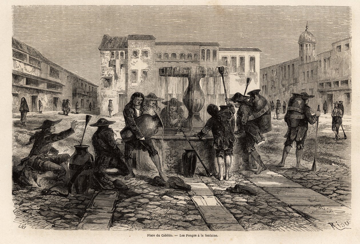 A pongosok, a rabszolgaságnak alávetett indiánok, a szökőkútnál, a cabildo terén, Cuzcóban, Riou rajza, Paul Marcoy 1848-tól 1860-ig tartó Dél-Amerikán keresztüli utazásának illusztrálására. Gravírozás a „Le tour du monde”-ban, szerkesztette Edouard C alkotó: Edouard Riou