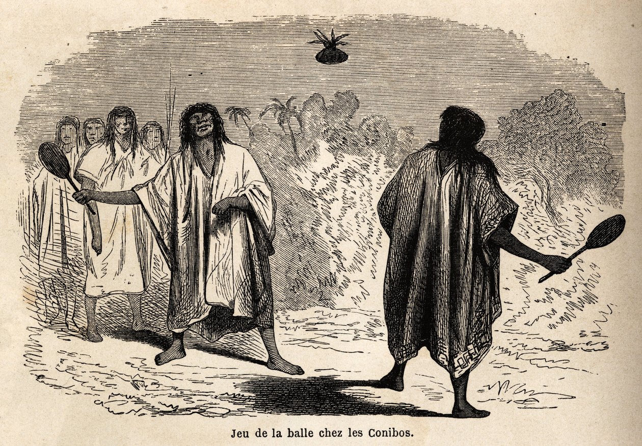 A labdajáték a perui indiai conibók között, Riou rajza P. Marcoy 1848-tól 1860-ig tartó utazásának illusztrálására a Csendes-óceántól az Atlanti-óceánig. Gravírozás a „Le tour du monde”-ban, szerkesztette Edouard Charton alkotó: Edouard Riou