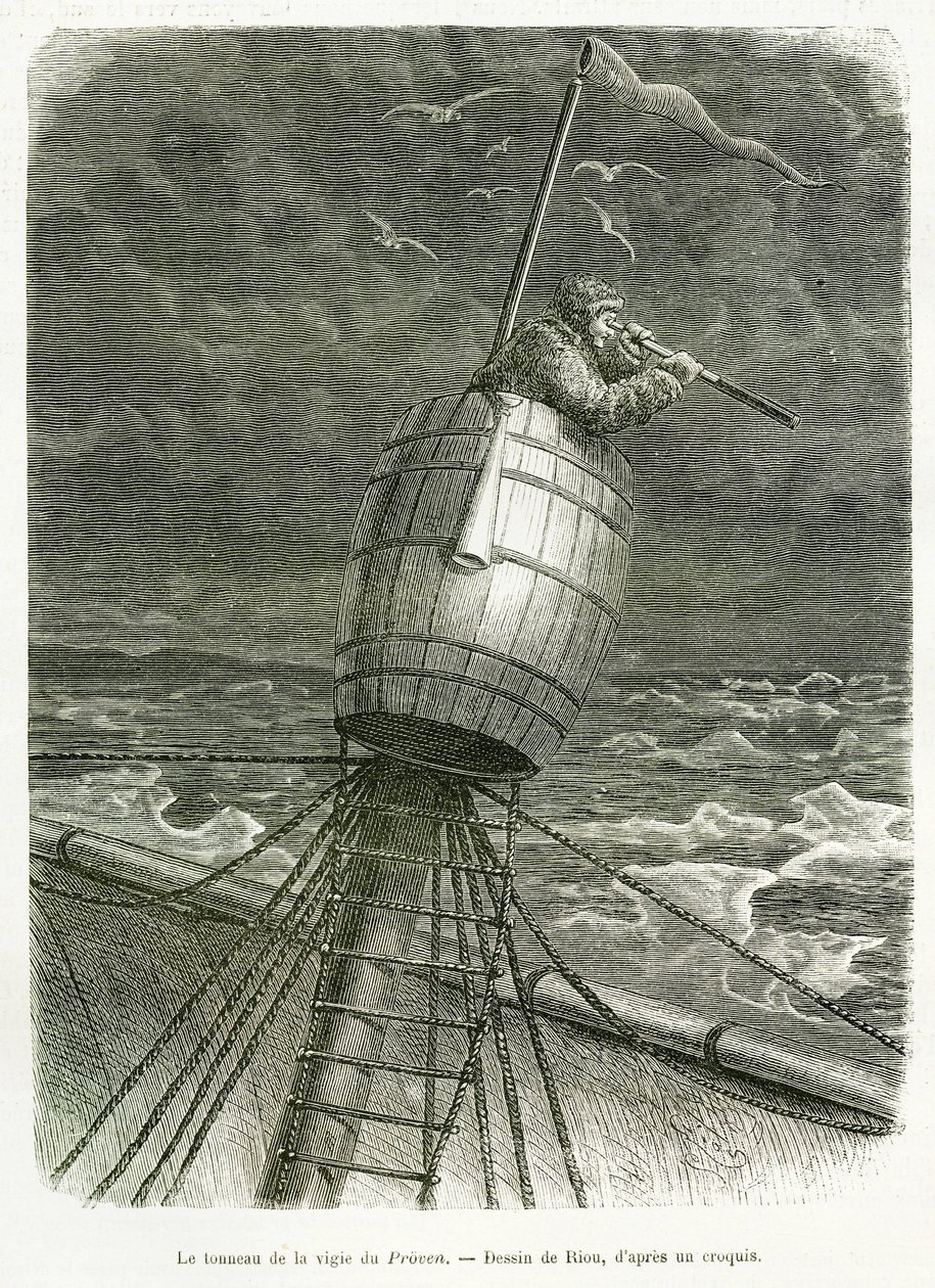 A Proven hajó órájának csöve, Riou rajza, Nils Adolf Erik (Eric) professzor báró Nordenskjold (Nordenskiold) (1832-1901) történetének illusztrálására: Svéd sarki expedíció, 1875-ben. Metszet a Le tour du monde-ban alkotó: Edouard Riou