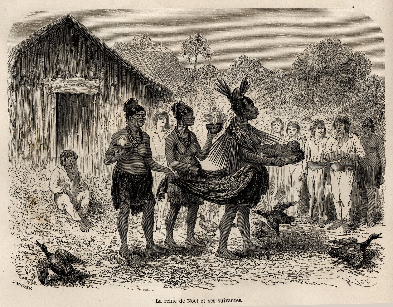 A karácsony ünnepe Sarayacuban (Peru), a karácsonyi királynő kosárban hordja a gyermek Jézust, és két követő kíséretében Riou rajzával bemutatja a gyermeket a falu összes házának, hogy illusztrálja Paul Marcoy utazását. alkotó: Edouard Riou