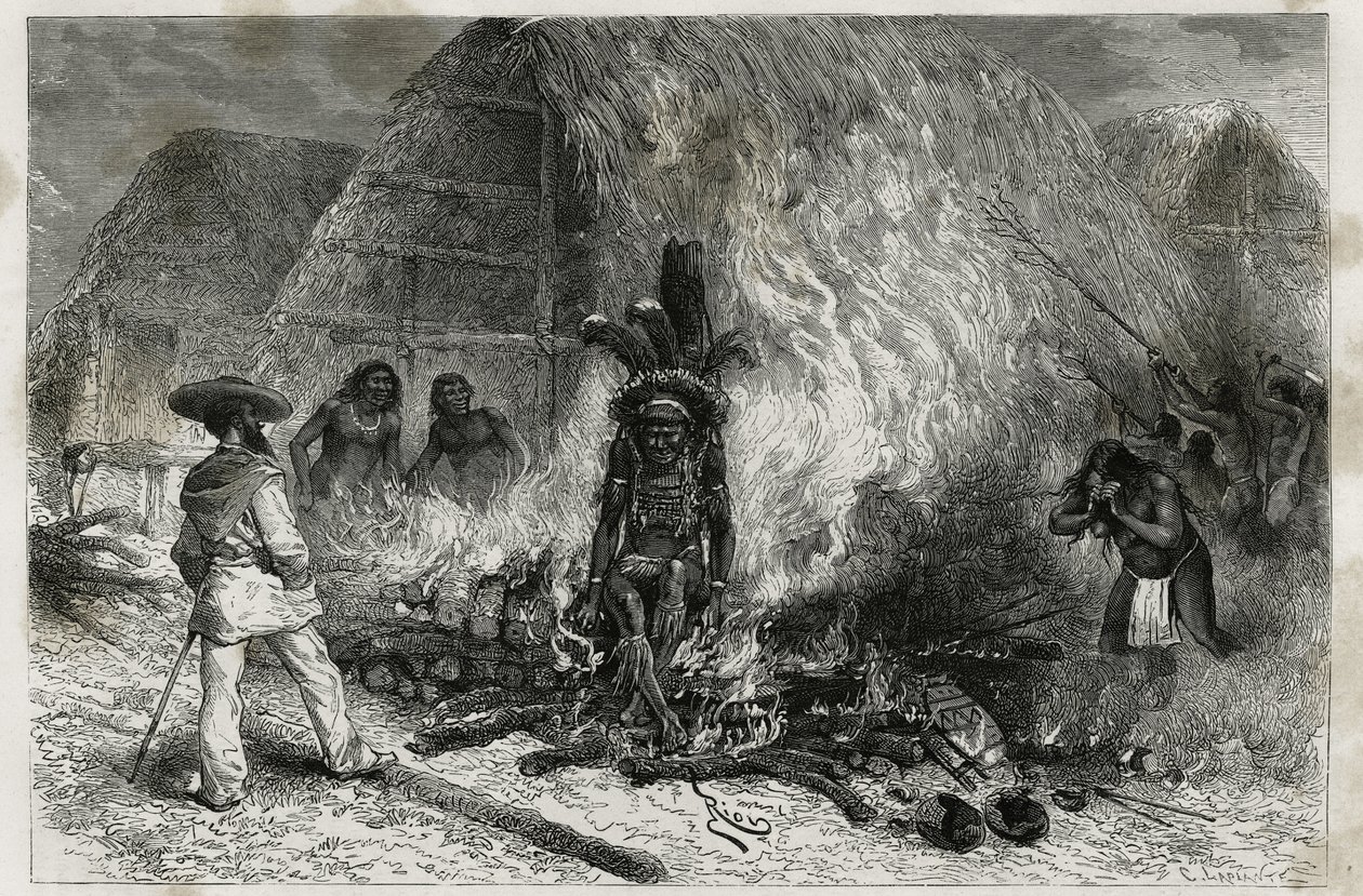 A Mana és Maroni folyók mentén élő Roucouyenne (vagy wayana) törzs hamvasztása, szemben a Bucherrel, Dr. Crevaux, Riou metszete, Dr. Jules Crevaux, a tudomány doktora által Guyana belsejében tett felfedező utazás szemléltetésére. a francia haditengerészet, alkotó: Edouard Riou