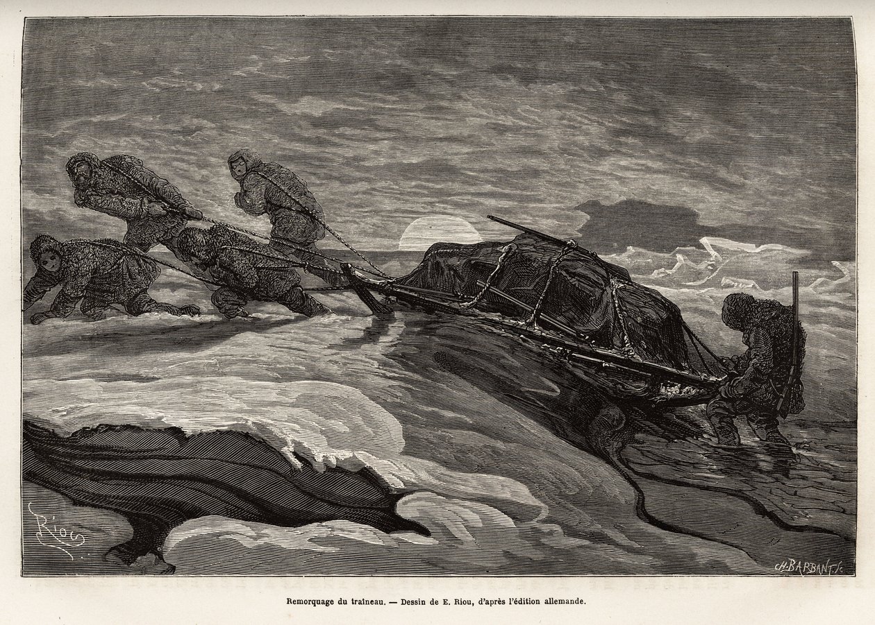 A jégre vadászó vadra ereszkedett La Germania hajó legénysége a nap lenyugvásával vontatta szánját a jégen, E.Riou rajza nyomán metszett, egy 1869-es északi-sarkra tett utazást illusztrálva. 1870-ben a La hajó kapitánya alkotó: Edouard Riou