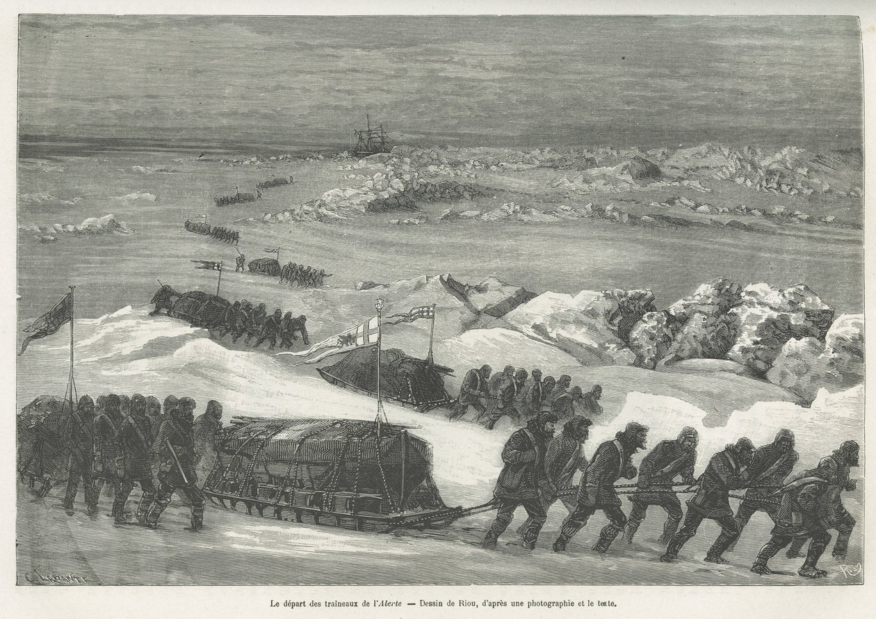 Az Alert szánok, a sarki expedíció hajójának indulása, Riou rajza, hogy illusztrálja G.S.Nares kapitány 1875-1876-os sarki tengeri utazásának történetét. Gravírozás a Le tour du monde-ban alkotó: Edouard Riou